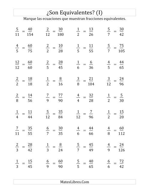La hoja de ejercicios de ¿Son estas fracciones equivalentes? (Numerador de 5 a 15) (I)