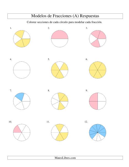 La hoja de ejercicios de Colorear de Mitades a Doceavos de Círculos (A) Página 2