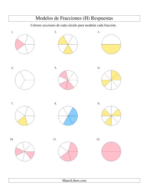 La hoja de ejercicios de Colorear de Mitades a Octavos de Círculos (H) Página 2