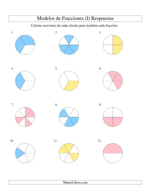La hoja de ejercicios de Colorear de Mitades a Octavos de Círculos (I) Página 2
