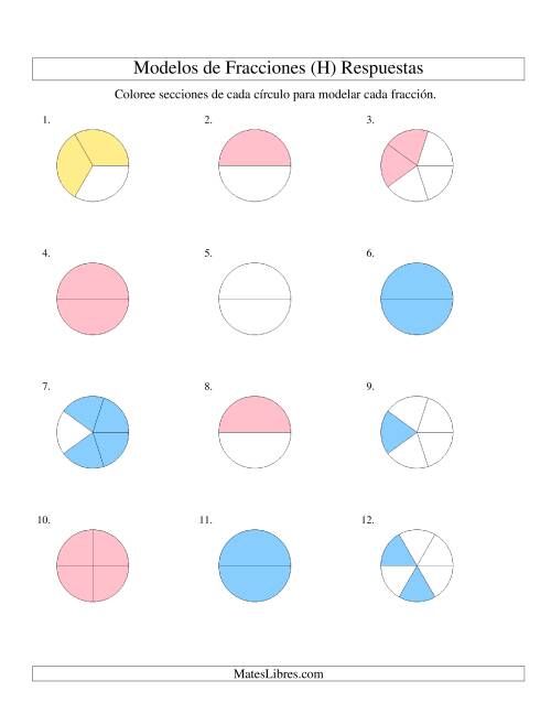 La hoja de ejercicios de Colorear de Mitades a Sextos de Círculos (H) Página 2