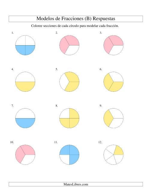 La hoja de ejercicios de Colorear de Mitades a Quintos de Círculos (B) Página 2