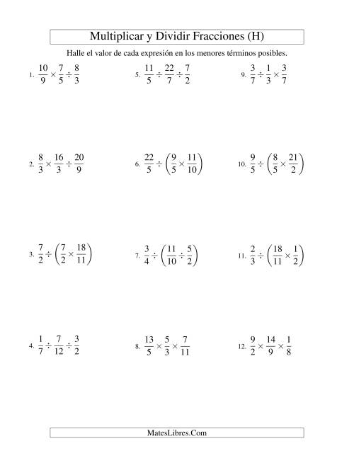 La hoja de ejercicios de Multiplicar y Dividir Tres Fracciones (H)