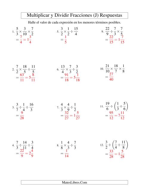 La hoja de ejercicios de Multiplicar y Dividir Tres Fracciones (J) Página 2