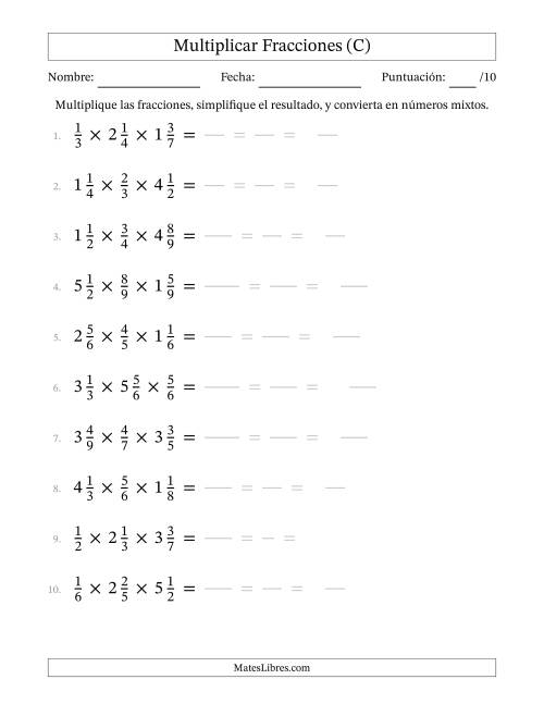 La hoja de ejercicios de Multiplicar Fracciones Propias y Fracciones Mixtas (Tres Factores) (C)