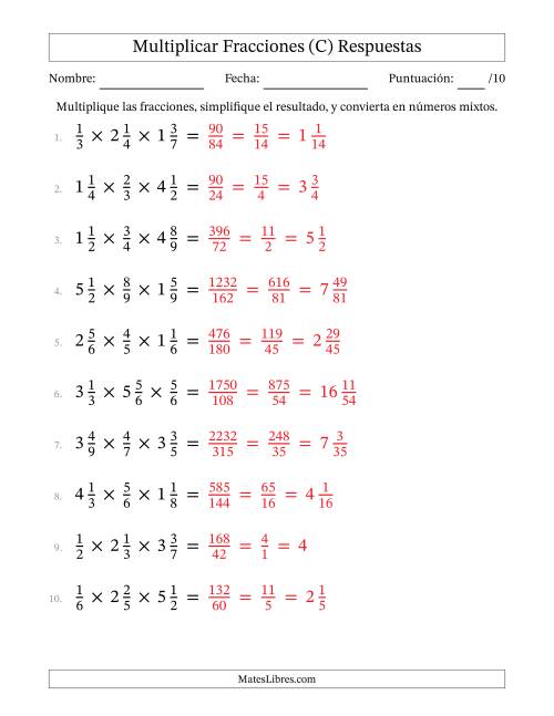 La hoja de ejercicios de Multiplicar Fracciones Propias y Fracciones Mixtas (Tres Factores) (C) Página 2