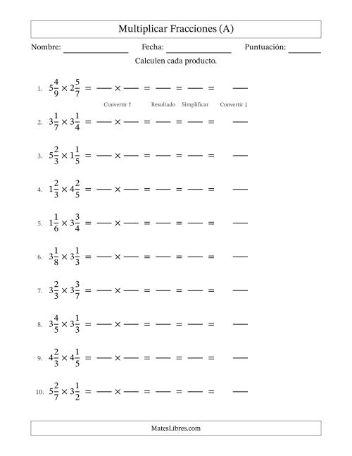 La hoja de ejercicios de Multiplicar Two fracciones mixtas y con simplificación en todas (Rellenable) (A)