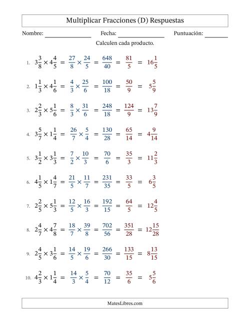 La hoja de ejercicios de Multiplicar Two fracciones mixtas y con simplificación en todas (Rellenable) (D) Página 2