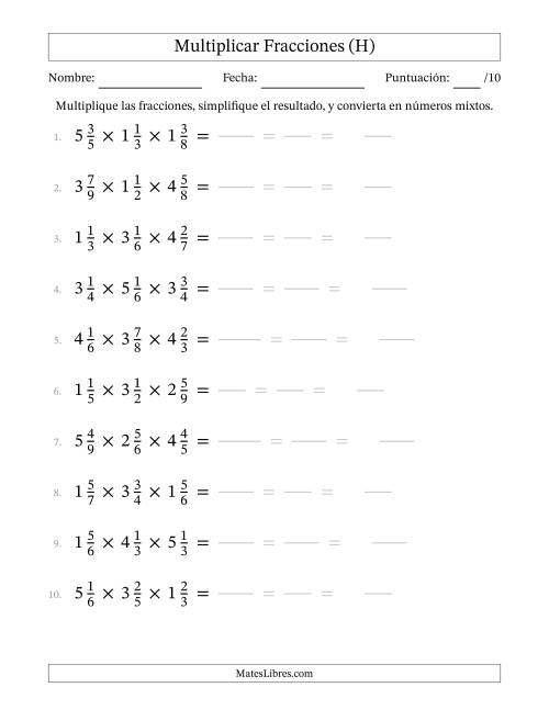 La hoja de ejercicios de Multiplicar Tres Fracciones Mixtas (H)