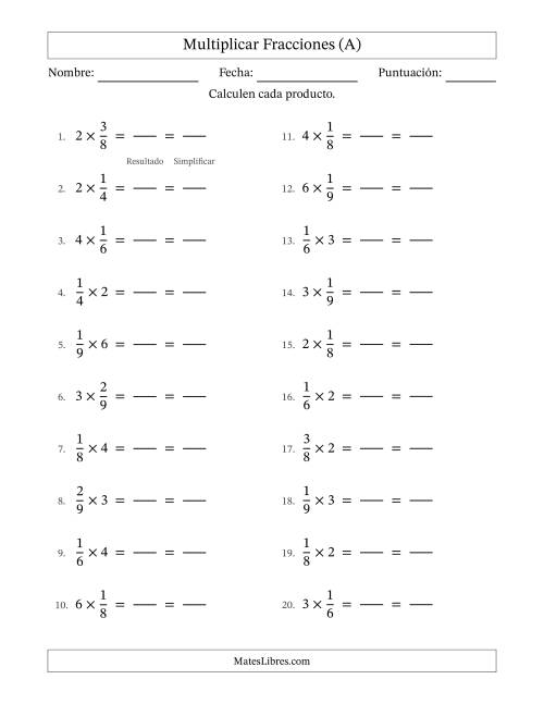 La hoja de ejercicios de Multiplicar fracciones propias con números enteros y con simplificación en todas (Rellenable) (A)