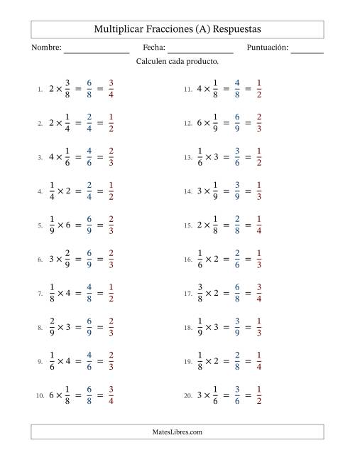 La hoja de ejercicios de Multiplicar fracciones propias con números enteros y con simplificación en todas (Rellenable) (A) Página 2