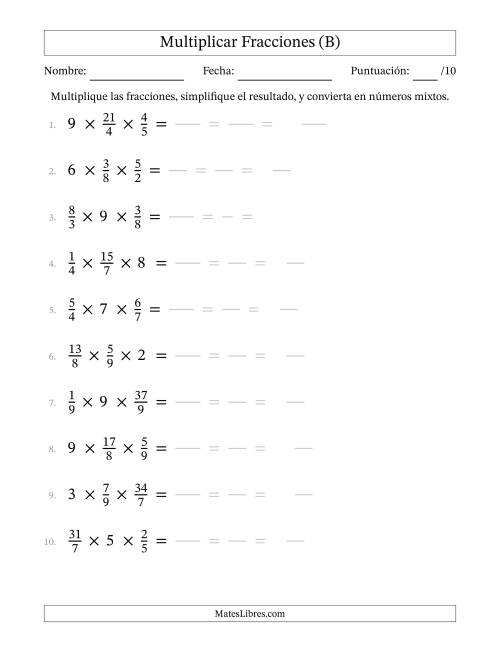 La hoja de ejercicios de Multiplicar Fracciones Propias, Impropias, y Números Enteros (B)