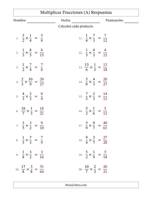 La hoja de ejercicios de Multiplicar fracciones propias e impropias y sin simplificación (Rellenable) (A) Página 2