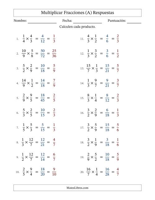 La hoja de ejercicios de Multiplicar fracciones propias e impropias y con simplificación en todas (Rellenable) (A) Página 2