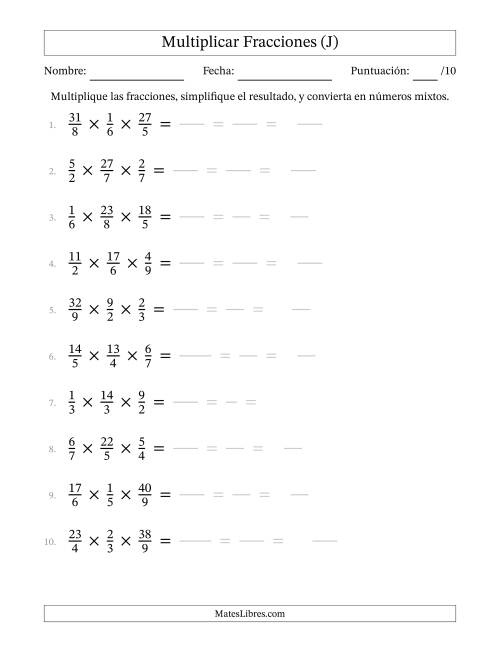 La hoja de ejercicios de Multiplicar Fracciones Propias e Impropias (Tres Factores) (J)