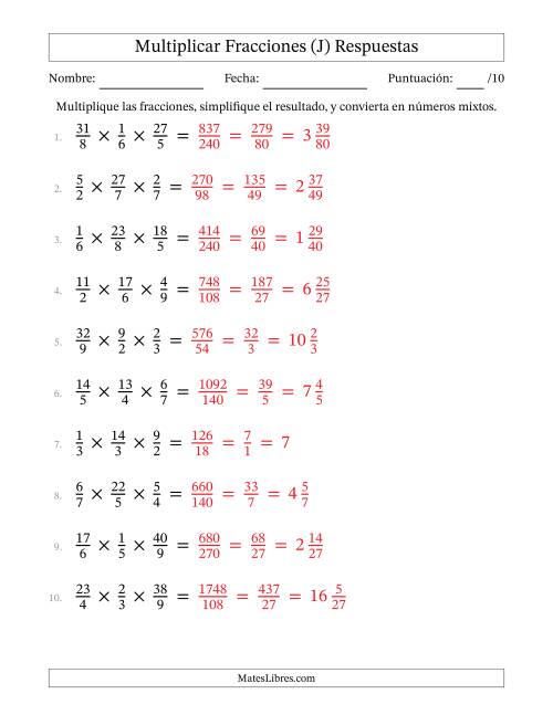 La hoja de ejercicios de Multiplicar Fracciones Propias e Impropias (Tres Factores) (J) Página 2