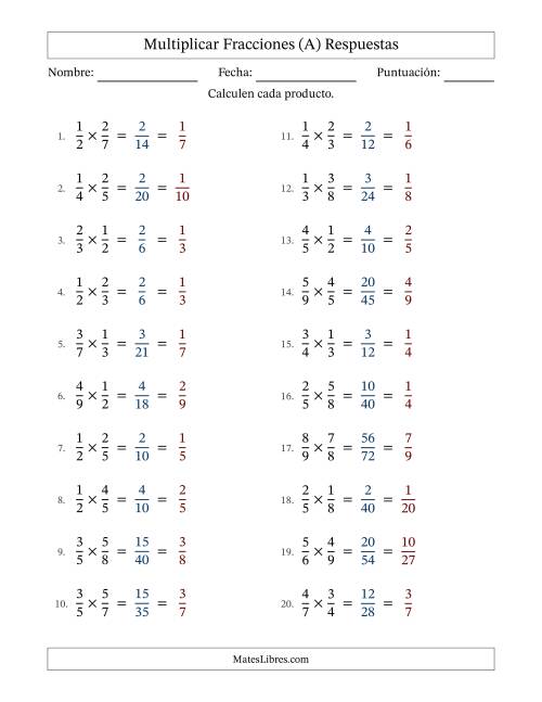 La hoja de ejercicios de Multiplicar Two fracciones propias y con simplificación en todas (Rellenable) (A) Página 2