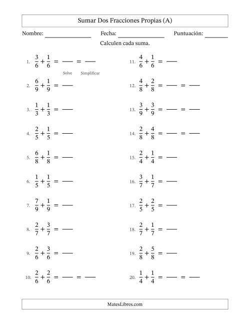 La hoja de ejercicios de Sumar dos fracciones propias con denominadores idénticos, resultados en fracciones propias y con alguna simplificación (Rellenable) (A)