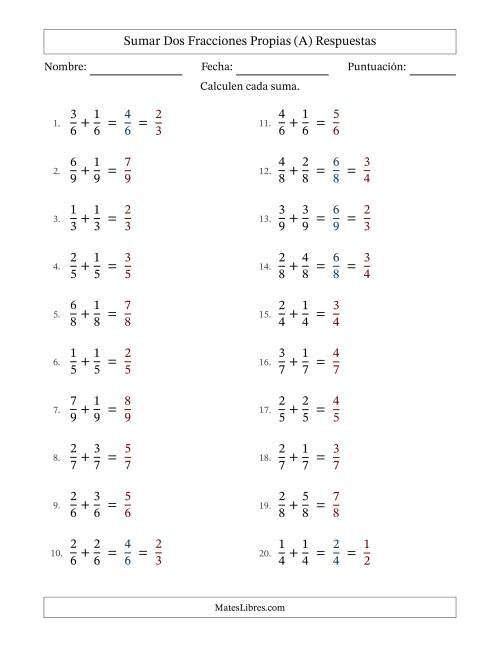 La hoja de ejercicios de Sumar dos fracciones propias con denominadores idénticos, resultados en fracciones propias y con alguna simplificación (Rellenable) (A) Página 2