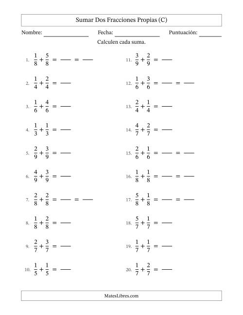 La hoja de ejercicios de Sumar dos fracciones propias con denominadores idénticos, resultados en fracciones propias y con alguna simplificación (Rellenable) (C)