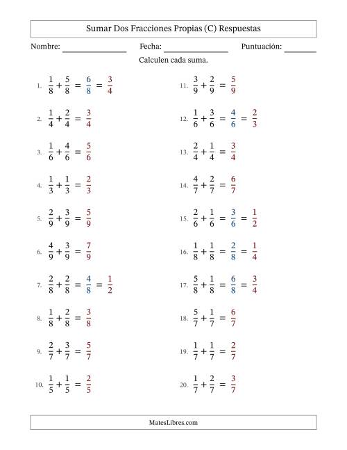 La hoja de ejercicios de Sumar dos fracciones propias con denominadores idénticos, resultados en fracciones propias y con alguna simplificación (Rellenable) (C) Página 2
