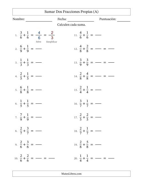 La hoja de ejercicios de Sumar dos fracciones propias con denominadores idénticos, resultados en fracciones propias y con alguna simplificación (Rellenable) (Todas)