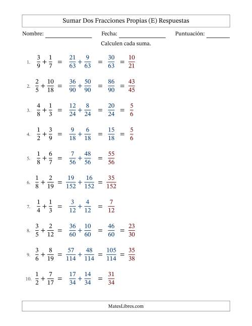 La hoja de ejercicios de Sumar dos fracciones propias con denominadores diferentes, resultados en fracciones propias y con alguna simplificación (Rellenable) (E) Página 2