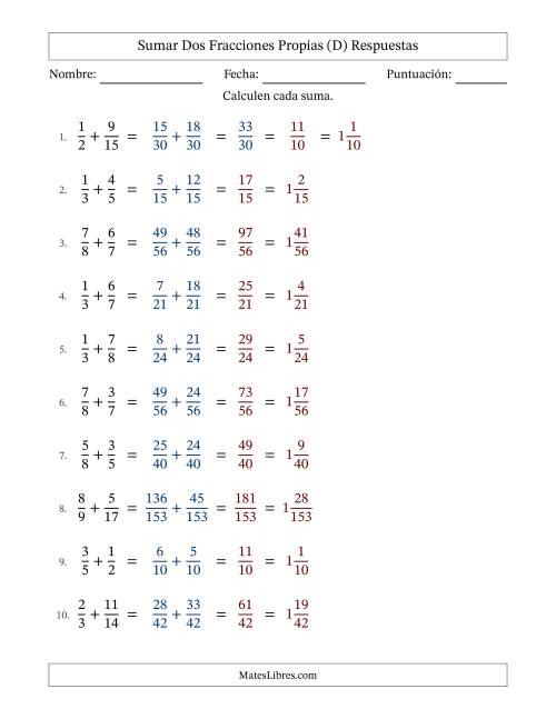 La hoja de ejercicios de Sumar dos fracciones propias con denominadores diferentes, resultados en fracciones mixtas y con alguna simplificación (Rellenable) (D) Página 2