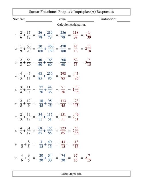 La hoja de ejercicios de Sumar fracciones propias e impropias con denominadores diferentes, resultados en fracciones mixtas y con alguna simplificación (Rellenable) (A) Página 2