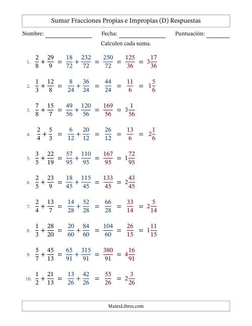 La hoja de ejercicios de Sumar fracciones propias e impropias con denominadores diferentes, resultados en fracciones mixtas y con alguna simplificación (Rellenable) (D) Página 2