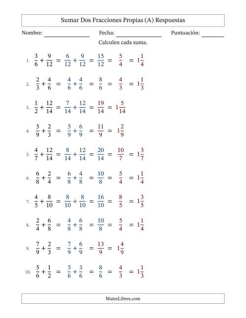 La hoja de ejercicios de Sumar dos fracciones propias con denominadores similares, resultados en fracciones mixtas y con alguna simplificación (Rellenable) (A) Página 2