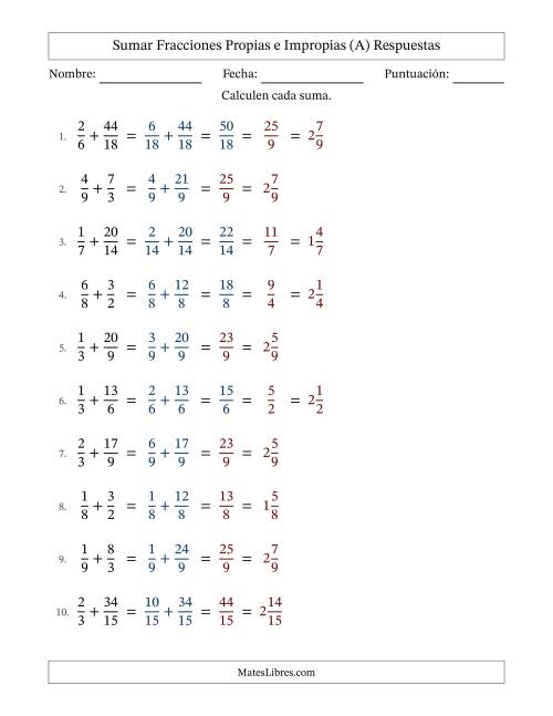 La hoja de ejercicios de Sumar fracciones propias e impropias con denominadores similares, resultados en fracciones mixtas y con alguna simplificación (Rellenable) (A) Página 2