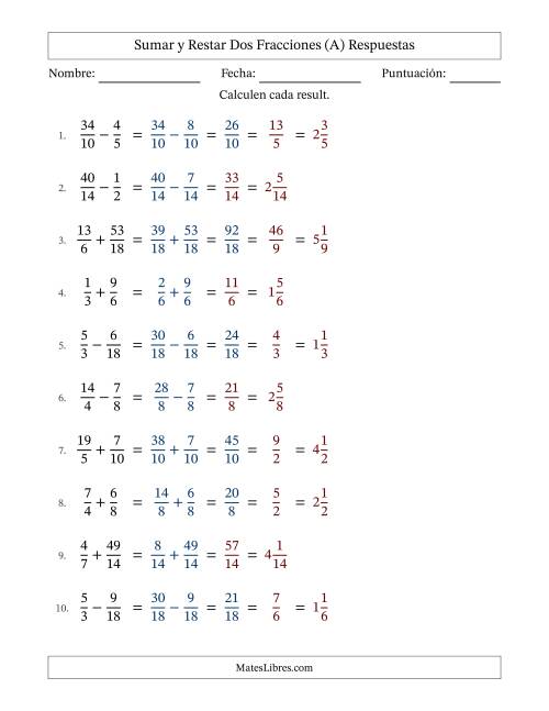 La hoja de ejercicios de Sumar y restar fracciones propias e impropias con denominadores similares, resultados en fracciones mixtas y con alguna simplificación (Rellenable) (A) Página 2