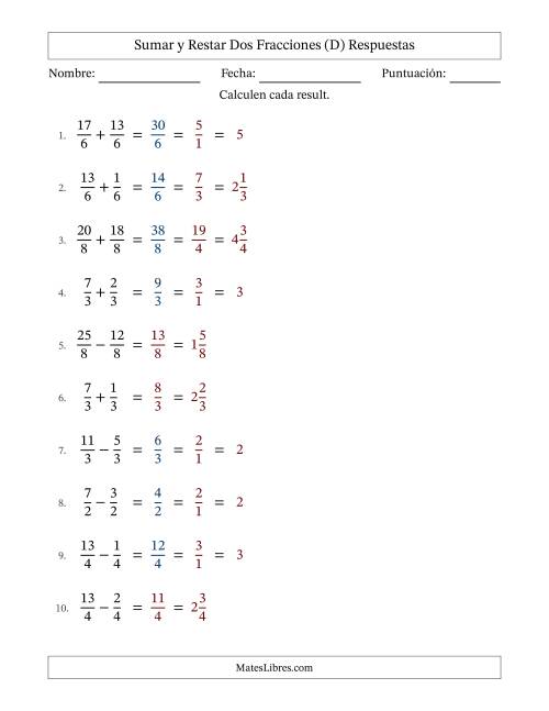 La hoja de ejercicios de Sumar y restar fracciones propias e impropias con denominadores idénticos, resultados en fracciones mixtas y con alguna simplificación (Rellenable) (D) Página 2