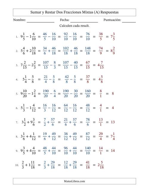 La hoja de ejercicios de Sumar y restar dos fracciones mixtas con denominadores similares, resultados en fracciones mixtas y con alguna simplificación (Rellenable) (A) Página 2
