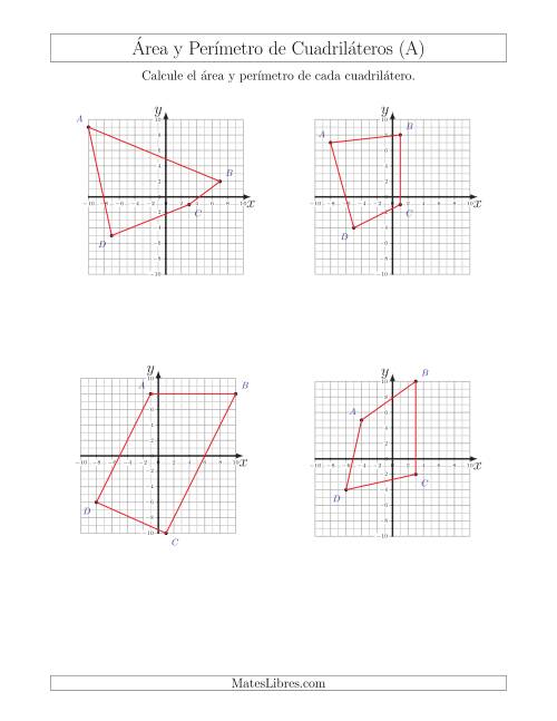 La hoja de ejercicios de Calcular el Área y el Perímetro de Cuadriláteros a partir de sus coordenadas (A)