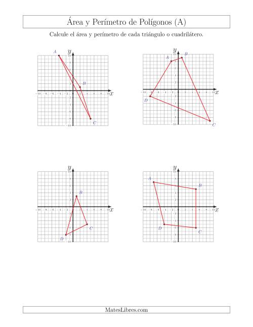 La hoja de ejercicios de Calcular el Área y el Perímetro de Triángulos y Cuadriláteros a partir de sus coordenadas (Todas)