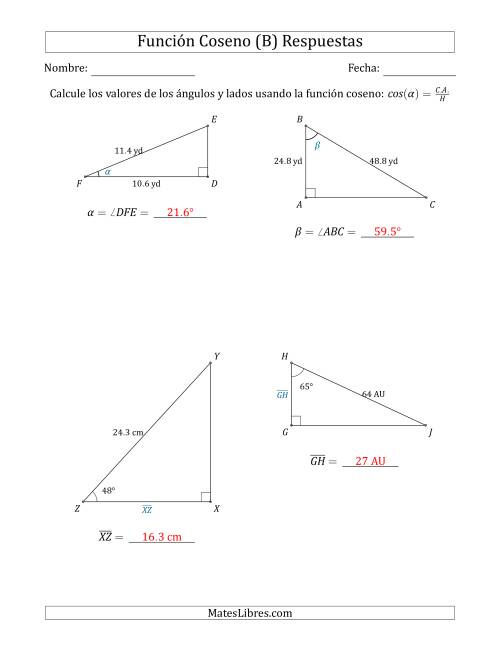 La hoja de ejercicios de Calcular Valores de Ángulos y Lados usando la Función Coseno (B) Página 2