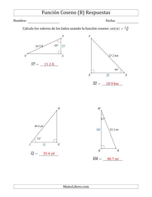 La hoja de ejercicios de Calcular Valores de Lados usando la Función Coseno (B) Página 2