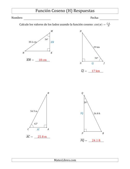 La hoja de ejercicios de Calcular Valores de Lados usando la Función Coseno (H) Página 2