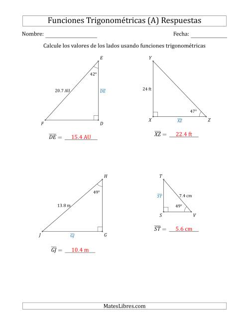 La hoja de ejercicios de Calcular Valores de Lados usando Funciones Trigonométricas (A) Página 2