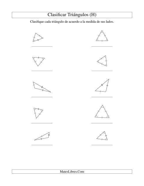 La hoja de ejercicios de Identificar Triángulos de Acuerdo a sus Lados (H)