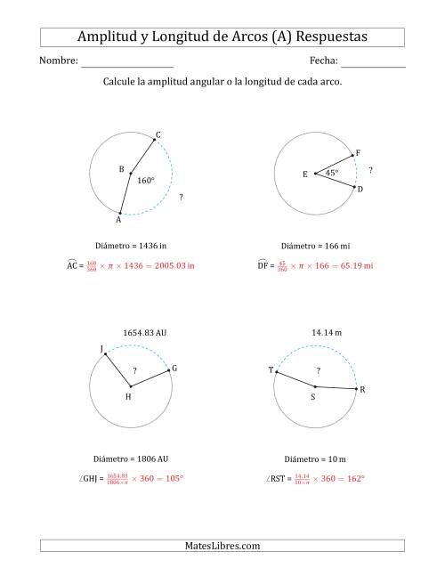 La hoja de ejercicios de Calcular la Amplitud o la Longitud de un Arco a partir del Diámetro (A) Página 2