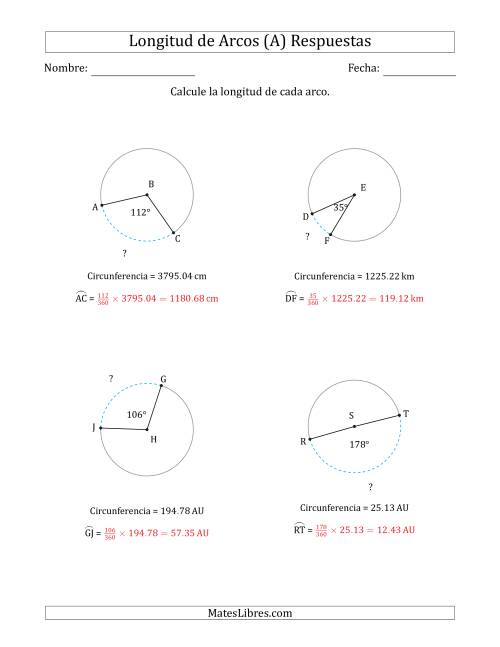 La hoja de ejercicios de Calcular la Longitud de un Arco a partir de la Circunferencia (A) Página 2