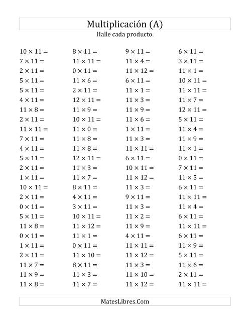 La hoja de ejercicios de Multiplicación Horizontal, Productos de 0 a 12 por 11 (A)