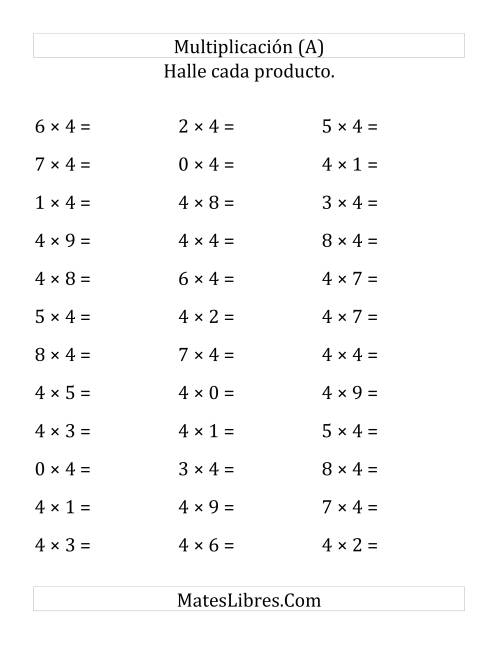 La hoja de ejercicios de Multiplicación Horizontal, Multiplicar de 0 a 9 por 4 (Todas)