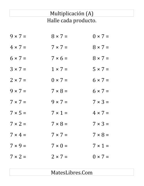 La hoja de ejercicios de Multiplicación Horizontal, Multiplicar de 0 a 9 por 7 (Todas)