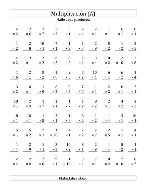 La hoja de ejercicios de Multiplicar de 1 a 2 por Números de 1 a 10 (Todas)