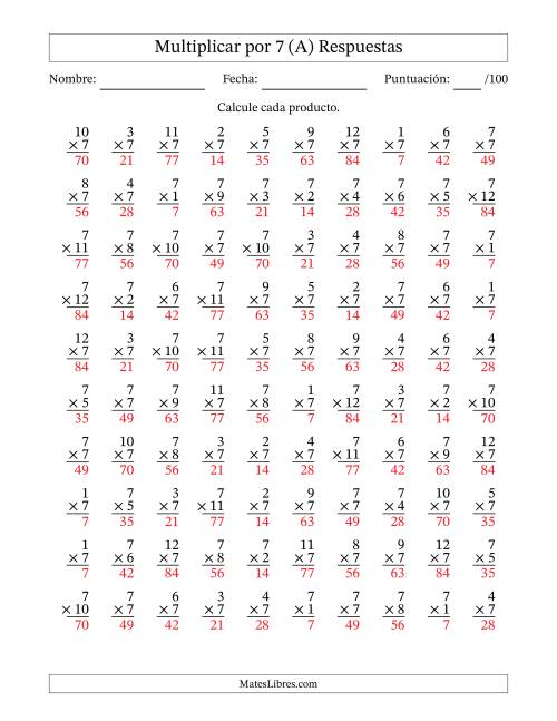 La hoja de ejercicios de Multiplicar (Factores de 1 a 12) por 7 (100 Preguntas) (A) Página 2