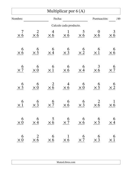 La hoja de ejercicios de Multiplicar (Factores de 0 a 7) por 6 (49 Preguntas) (A)